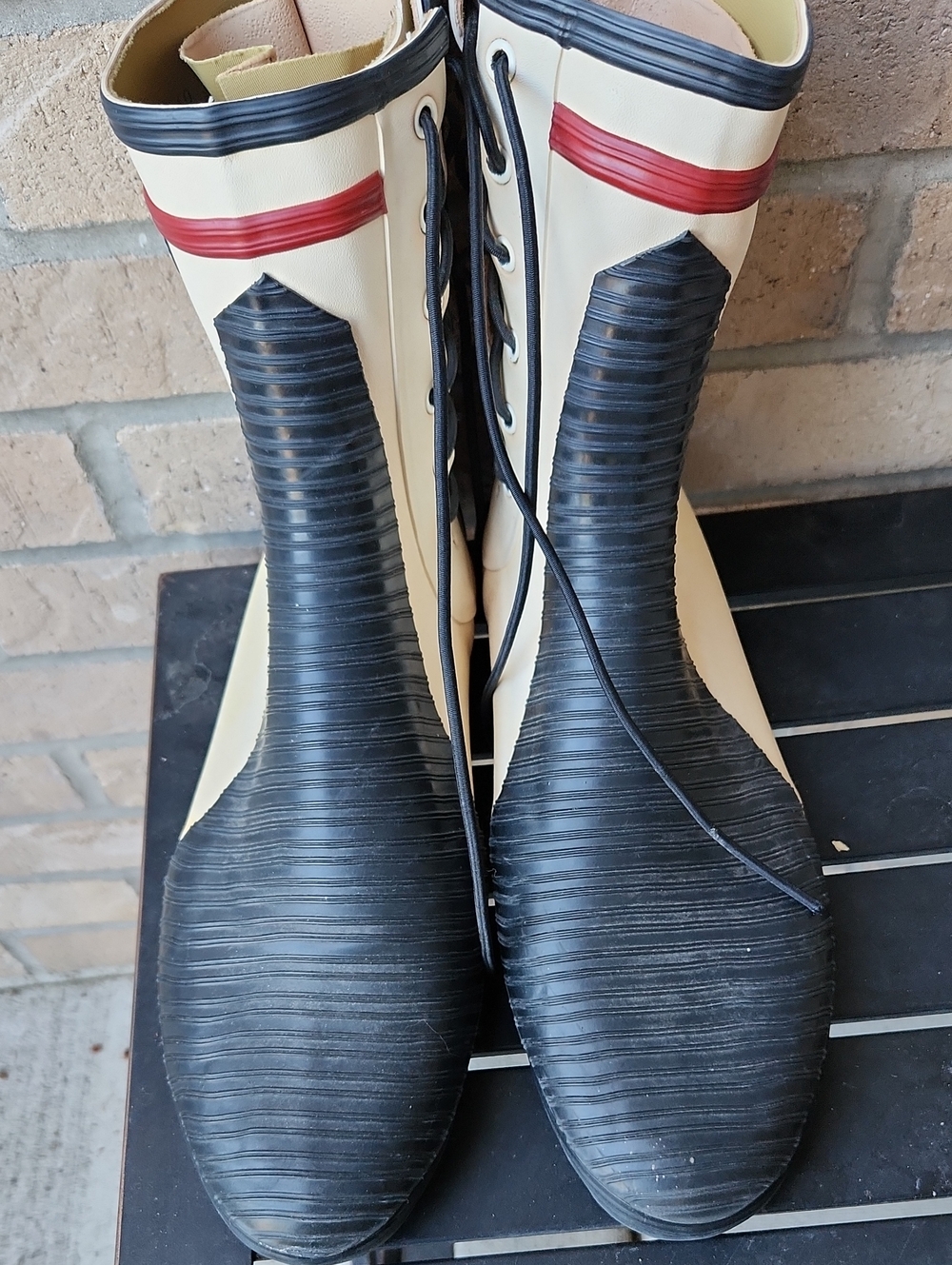Aigle Cream, Black and Red Lace-Up Tall Boots